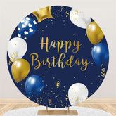 Lofaris White Yellow Balloons Navy Happy Birthday Round Backdrop